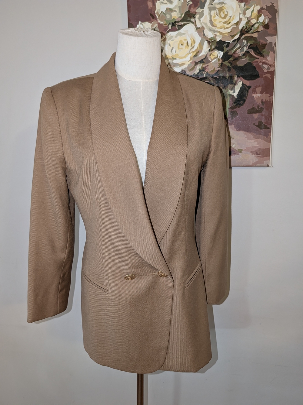 Vintage Wool Tan Double-Breasted Blazer Jacket With Gold Buttons
